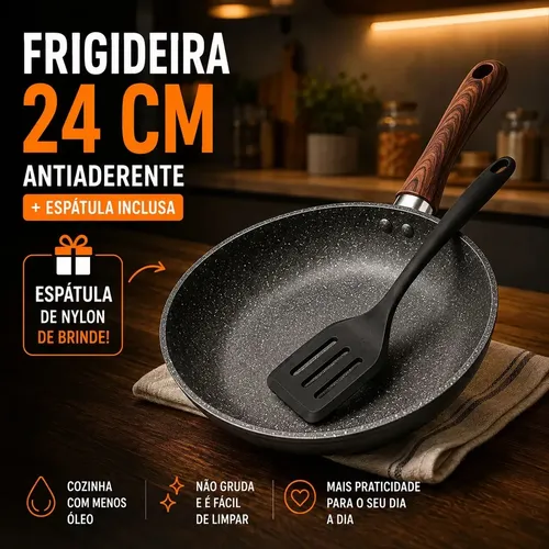 Frigideira Antiaderente Cerâmica Granito 24cm com Espátula Cabo de Madeira Indução Cook