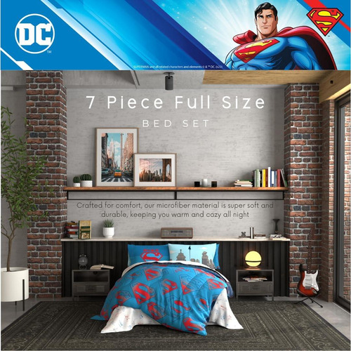 Conjunto Ropa De Cama Superman Franco 7 Piezas Microfibra