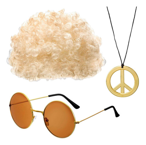 Juego De Pelucas Disco Gafas De Sol Y Collar Hippie Hombre C