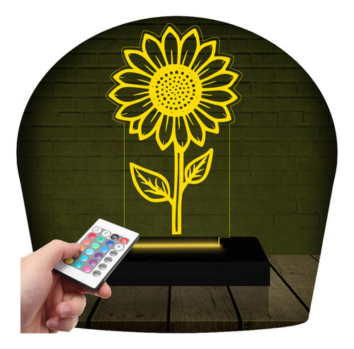 Luminária Led 3d | Girassol Flor | Abajur Presente 16 Cores Cúpula 16 Cores Tomada Estrutura Preto 127/220v