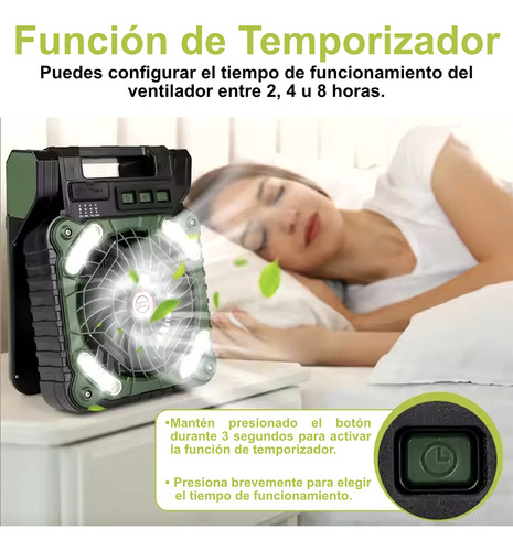 Ventilador Solar Portátil Con Luz Led Batería Recargable Usb Cantidad De Aspas 3 Estructura Verde Oscuro Aspas Negro Diámetro 14 Cm Frecuencia 4 Material De Las Aspas Plástico