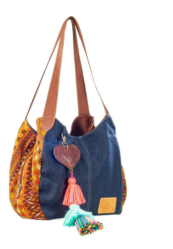 Imagen 2 de 6 de Bolso De Dama Tipo Hobo En Mezclilla Con Telar Rombos Bolsa