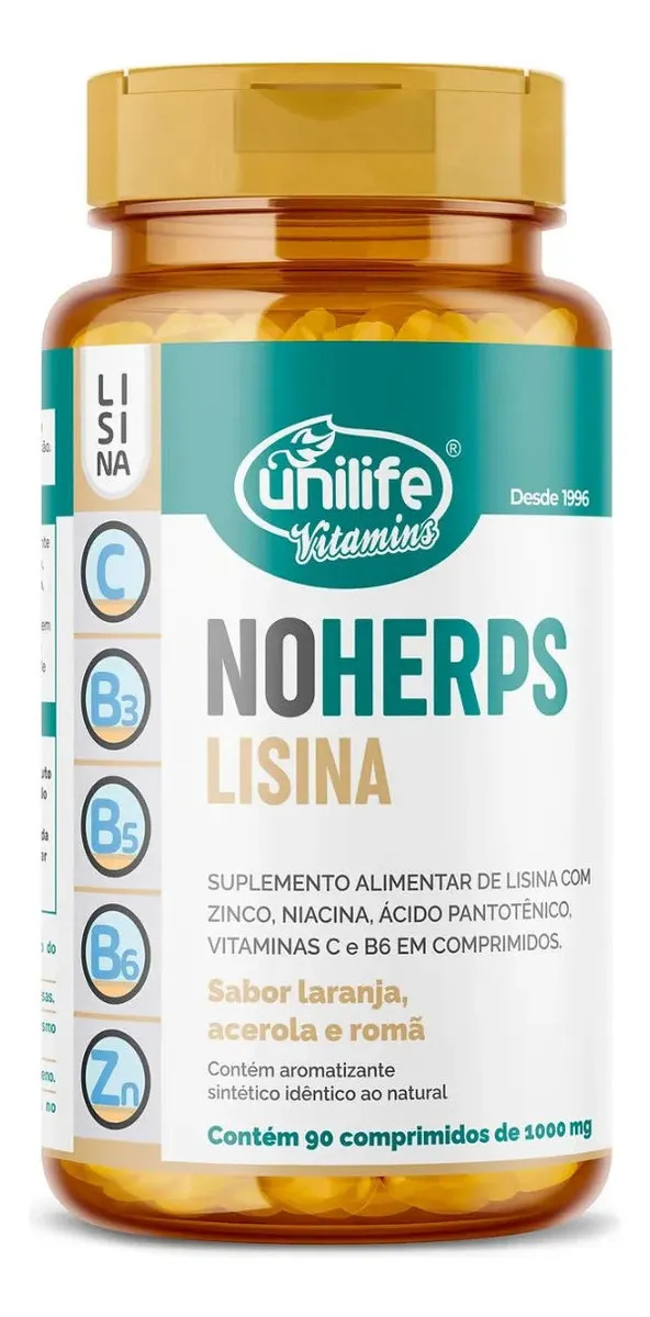 NoHerps Lisina 1000mg Unilife 90 Comprimidos Sabor Laranja e Acerola