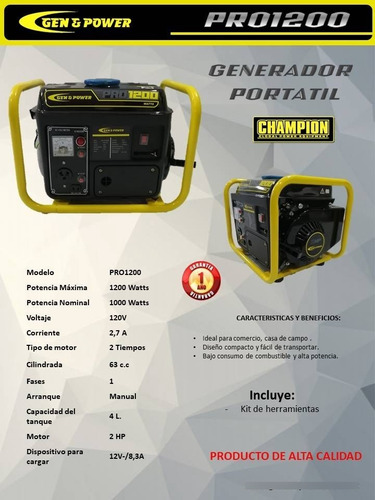 Imagen 3 de 3 de Generador Planta De Luz 1200 Watts Monofasico