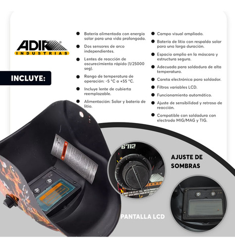 Careta Electrónica Soldar Uso Industrial Skull Adir ADR6711 Color Negro