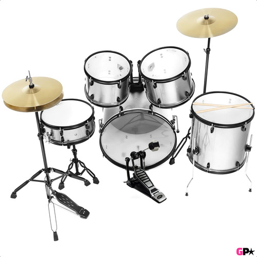 Bateria Acustica Completa 5 Cuerpos Platos Fierros Color Blanco