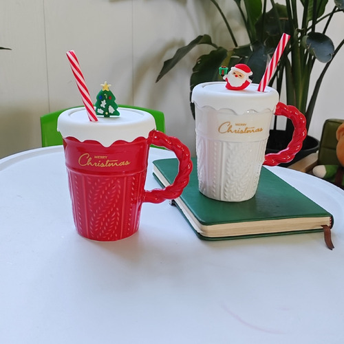 Taza De Navidad Con Tapa De Pajita, Tazas De Cerámica