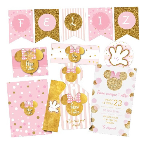 Kit Imprimible Personalizado Minnie Gold Candy Deco Invitac