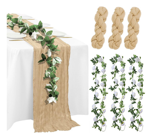6pcs Camino De Mesa Boho Y Flores Artificial Rosas