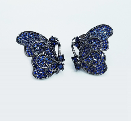 Imagem 7 de 7 de Brinco Feminino Borboleta Azul Cravejado Banhado Ródio Negro