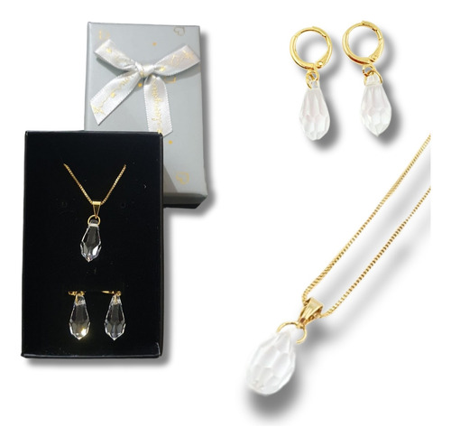 Conjunto Feminino Colar 45cm Brinco Crystal Banhado Ouro 18k