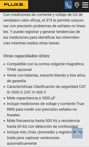 Imagen 3 de 4 de Pinza Amperimetrica De Ca/cc De Verdadero Valor Afluke 375