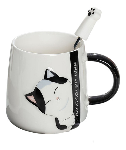 Tazón, Mug Con Diseños De Gatos, Incluye Tapa Y Cuchara.