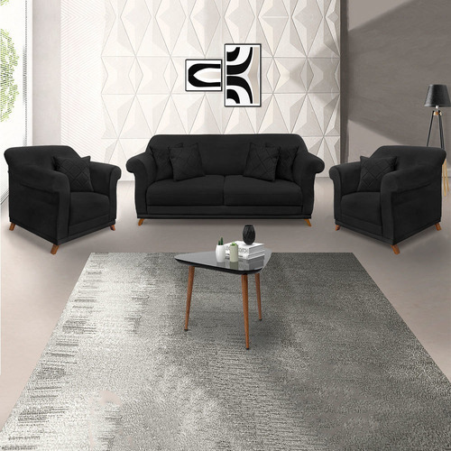 2 Poltronas E Sofá Living 2 Lugares 1,60m Vênus Suede Preto