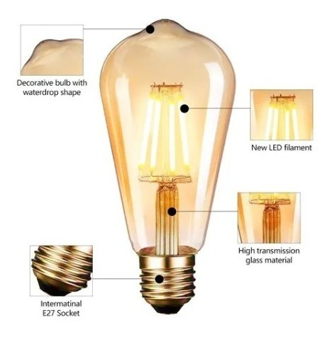 Imagen 2 de 4 de Lampara Luz Led Filamento Vintage 4w Retro Forma Bulbo