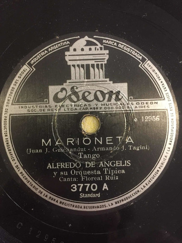 Disco De Pasta Odeon 3770 Alfredo De Angelis Tango 78 Rpm