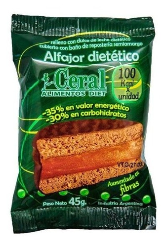 Alfajor Dietetico Chocolate Negro Y Dulce De Leche Ceral 45g