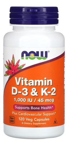 Vitamina D3, 25 mg con vitamina K2, 45 mg, Now Foods, 120 verduras, sabor a cápsula, sin sabor
