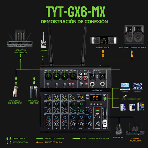 Mezcladora Gc Gx6 Multifuncional 6 Canales Con 2 Microfonos