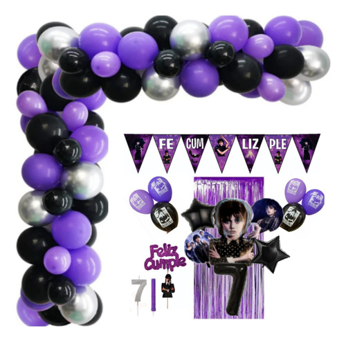 Pack Globos Arco Merlina Piñata Mantel Número Cortina Wednes