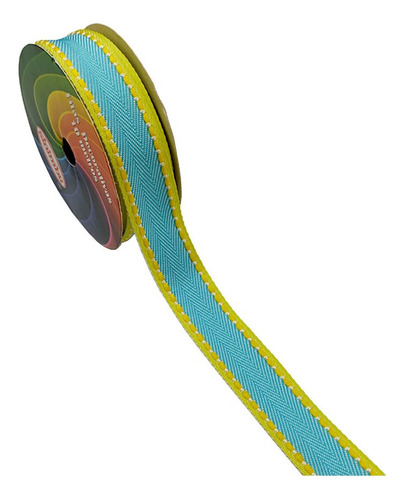 Fita Decorada Borda Pesponto 22mm Sinimbu Nº5 Com 10 Metros Cor Azul Frozen Borda Amarelo