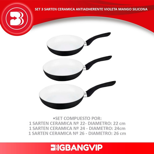 Imagen 2 de 6 de Set 3 Sarten Ceramica Antiadherente Violeta Mango Silicona