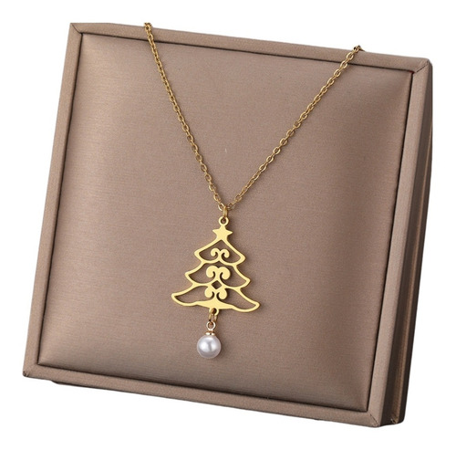 Imagen 4 de 7 de Collar Mujer Dije Árbol Navidad Colgante Regalo Acero Dorado