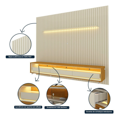 Rack Com Painel Para Tv Até 90 Polegadas Led 3 Gavetas Wt