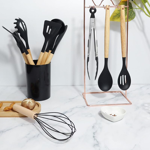 Kit 12 Utensílios Silicone Preto Com Cabo De Madeira