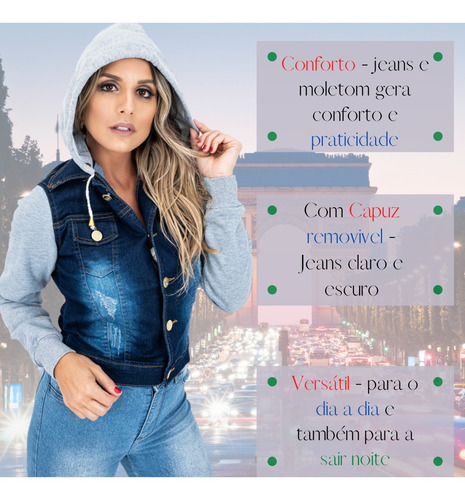Imagem 8 de 9 de Jaqueta Jeans Moleton Com Manga E Capuz Blusa Feminina Top