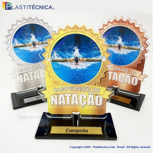 Troféus Para Natação Acrílico 100% Campeão, Vice E 3º Lugar