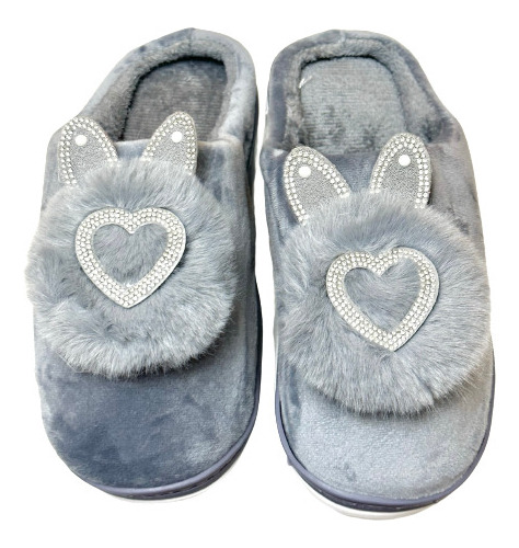 Pantuflas Gris Simil Piel Corazón Strasses 