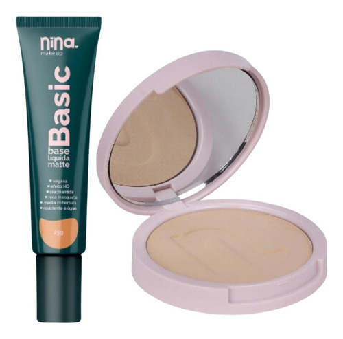 Kit Nina Makeup Base Líquida Basic+pó Compacto Instant Cor 3