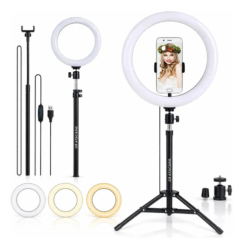 Ring Light 10 Polegadas com Tripé Ajustável, 3 Modos de Iluminação e 11 Níveis de Brilho, Suporte para Celular, Ideal para Fotos, Vídeos, Maquiagem e Lives com Luz Profissional Marca Gr atacado