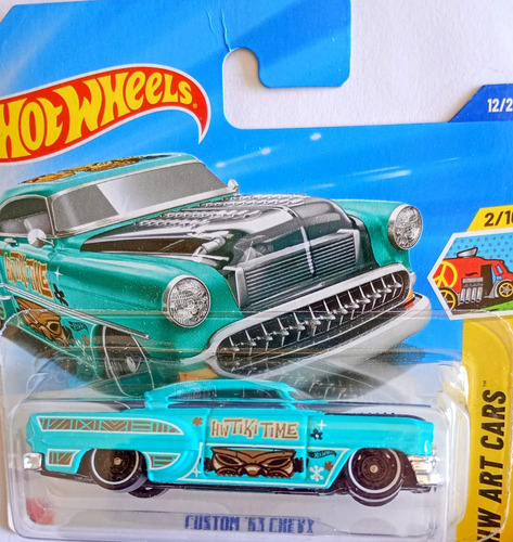 Auto Hot Wheels Español Custom 53 Chevy Esc 1/64 Nuevo Rdf1 Turquesa Ploteado Con Capot Transparente Y Vidrios Negros
