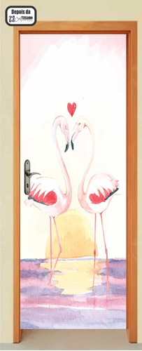 Adesivo Parede Porta Casal Flamingo Pôr Do Sol Em Aquarela