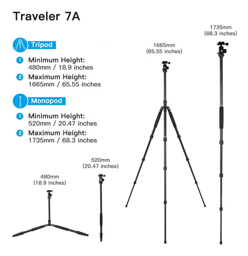 Sirui Traveler 7a 65.55 Trípode De Cámara De Aluminio, Cabeza De Bola Panorámica E-10 Y Placa De Liberación Rápida Arca Swiss De Carga De Hasta 8 Kg, Convertible A Monopié