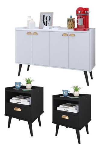 Jogo Decorativo Quarto Sala Cozinha 2 Mesinhas Aparador Luxo Cor Preto/branco