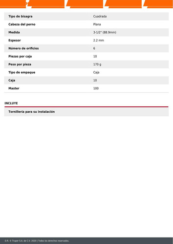 Bisagra Cuadrada 3-1/2' Acero Inoxidable Plan Hermex 43228