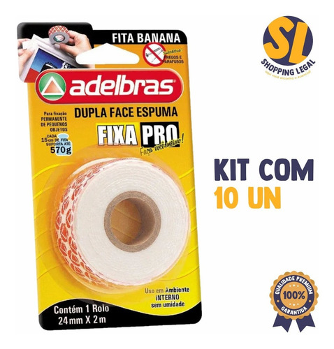 Imagem 2 de 5 de Fita Dupla Face 941 Fixa Pro 24mmx2m - Adelbras Kit 10 Unid.