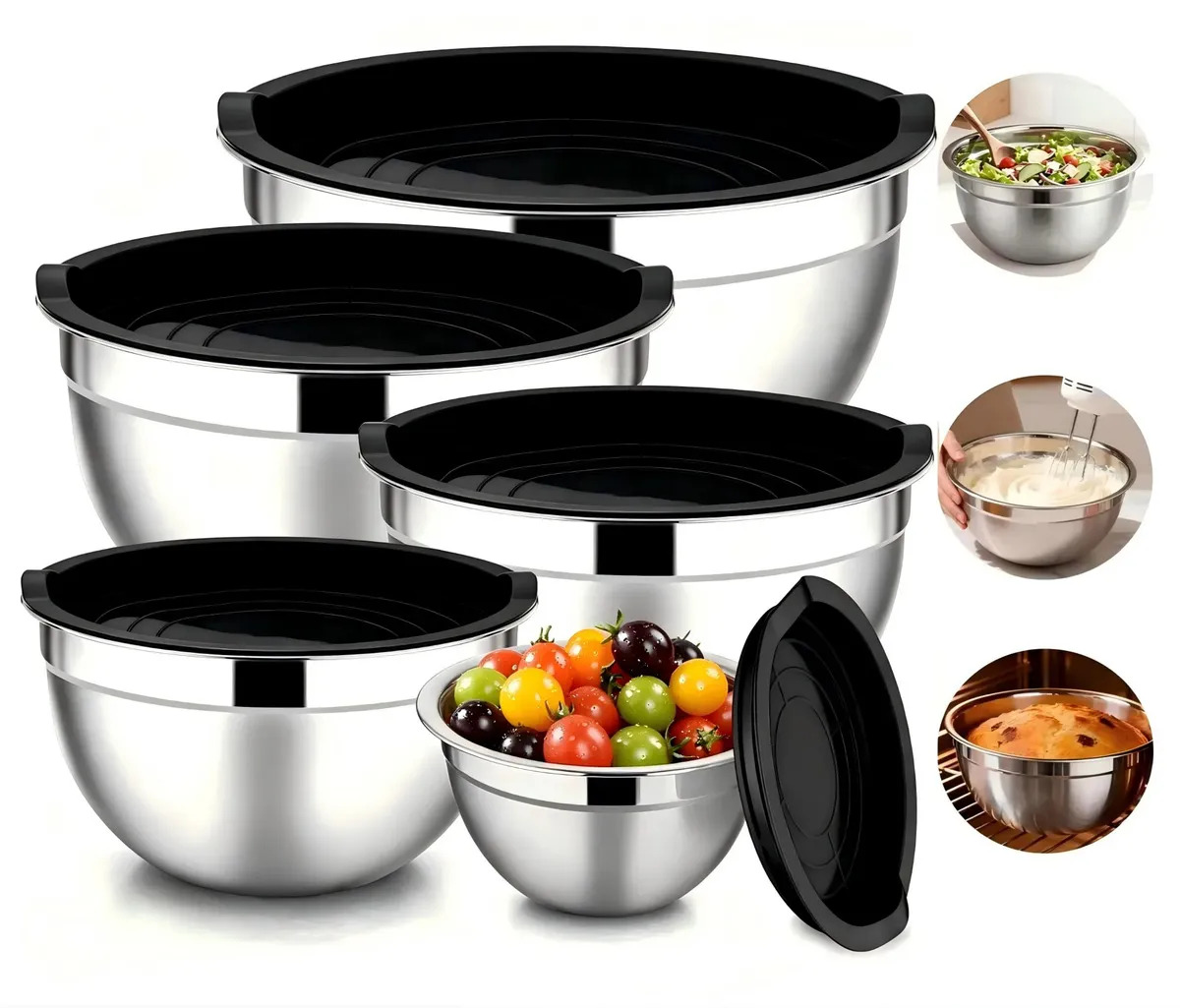 Kit 5 Bowls Tigelas Inox Com Tampa Plástica 1,7 A 4,5l Cozinha