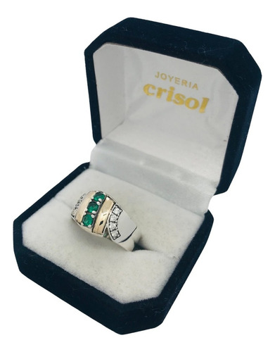 Imagen 2 de 3 de Anillo Plata Y Oro C/circonias Verdes Y Blancas (a234)