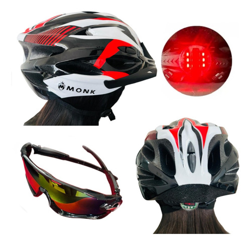 Kit Casco Bicicleta Con Vicera Luz Lentes Gafas Deportivas