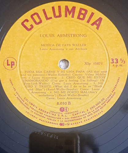 Vinilo Louis Armstrong Musica De Fats Waller Excelente Estándar (Usado)