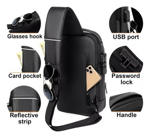 Mochila Pechera Cruzada Antirrobo + Impermeable + Usb Gris Y Dorado Liso