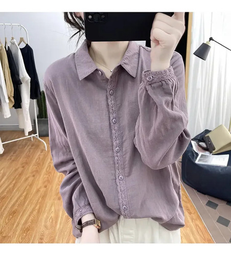 Camisa De Manga Larga Con Encaje Y Algodón Para Mujer