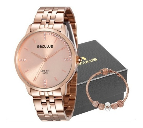 Relógio Seculus Feminino Analógico Rosê + Pulseira