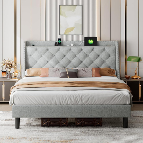 Base De Cama Ipormis King Size Con Puerto Usb Gris Claro