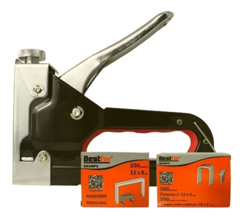 Imagem 3 de 6 de Grampeador Tapeceiro Madeira C/600 Grampos E Maleta Bestfer