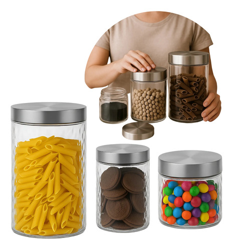 Kit 3 Potes De Vidro Com Tampa Inox Alimentos Mantimentos